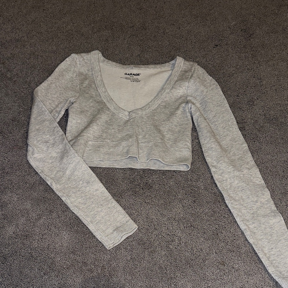 Garage Heather Gray Ribbed Long Sleeve Cropped Top